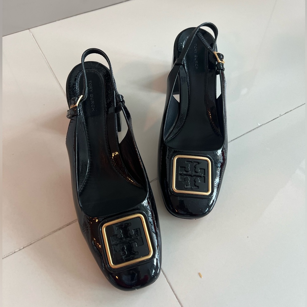 Tory Burch Black Patent Slingback Pumps with Gold Logo Plaque